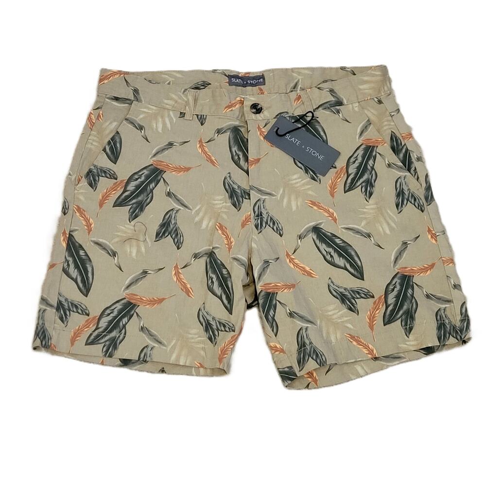 NWT Slate and Stone Khaki Leaf 7" Cotton Ross Short Men's Size 34 - Picture 2 of 12